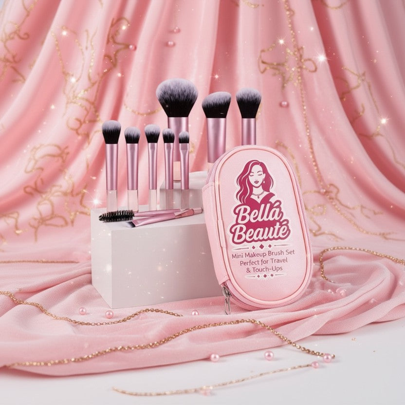 Bella Beauté 10-piece mini makeup brush set with pink handles and black bristles, displayed with a pink travel case.