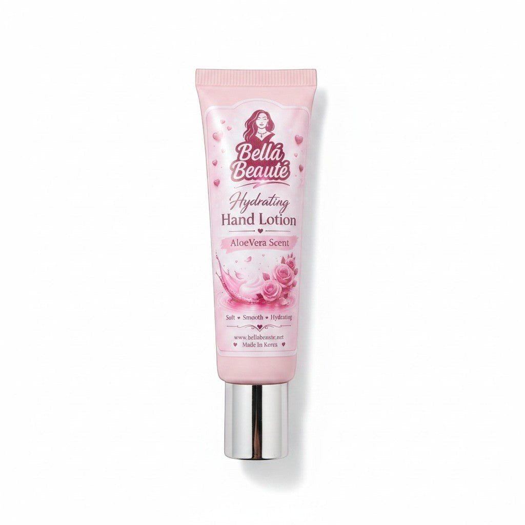 Bella Beauté Hydrating Hand Lotion in Aloe Vera scent, 30 mL tube. Soft, smooth, hydrating formula.