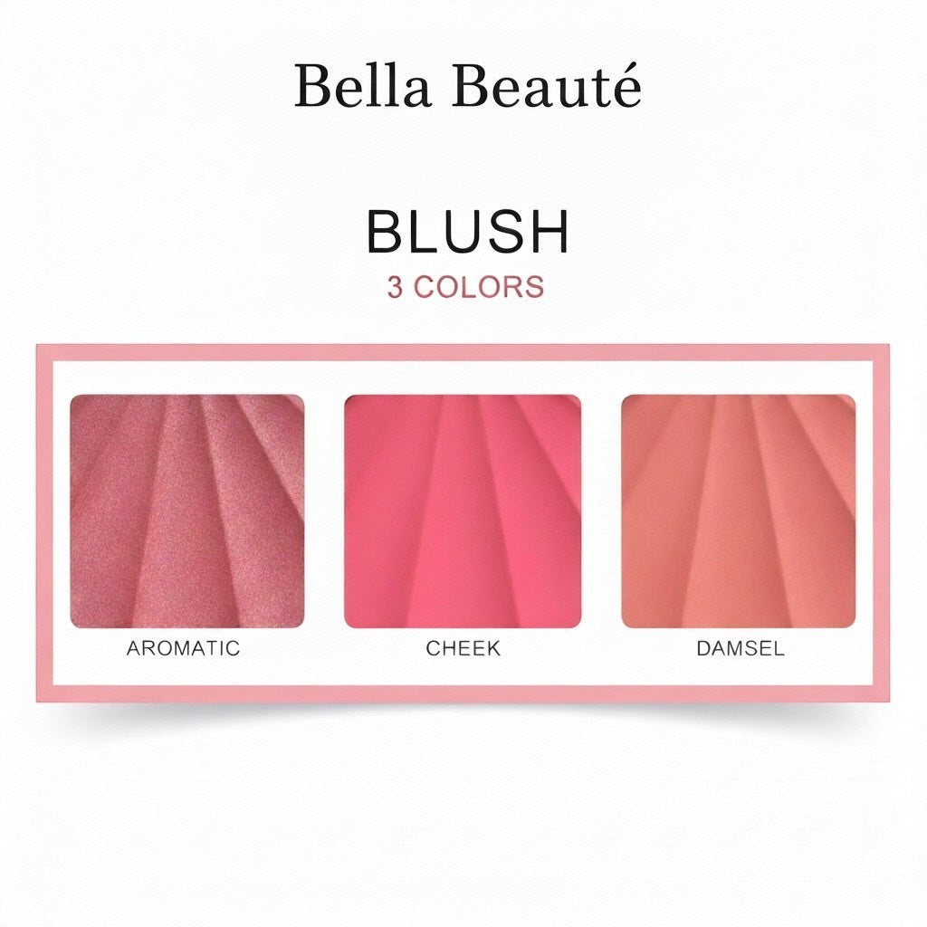 Bella Beauté blush palette featuring three shades: Aromatic (rosy), Cheek (pink), and Damsel (peachy nude). Finely milled powder for a radiant flush.
