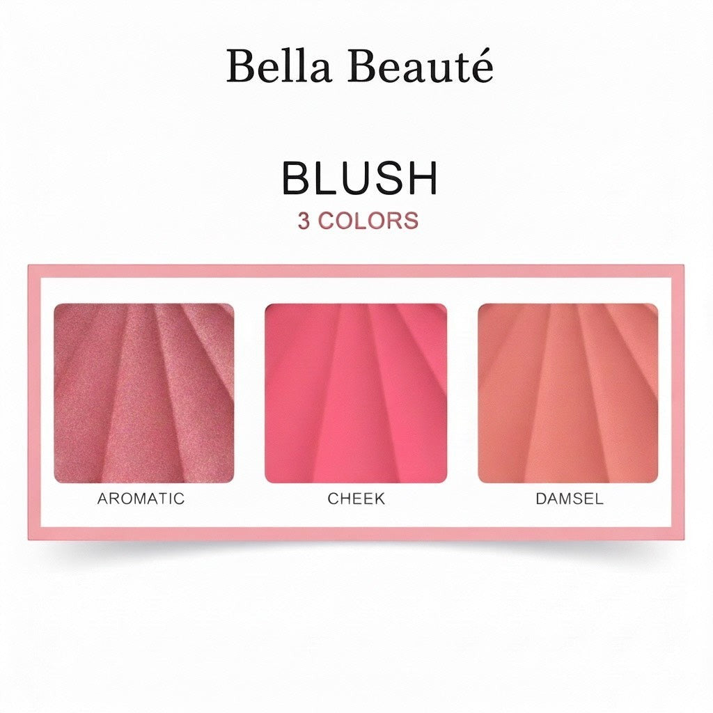 Bella Beauté blush palette featuring three shades: Aromatic (rosy pink), Cheek (vibrant pink), and Damsel (peachy nude). Finely milled powder for a radiant flush.