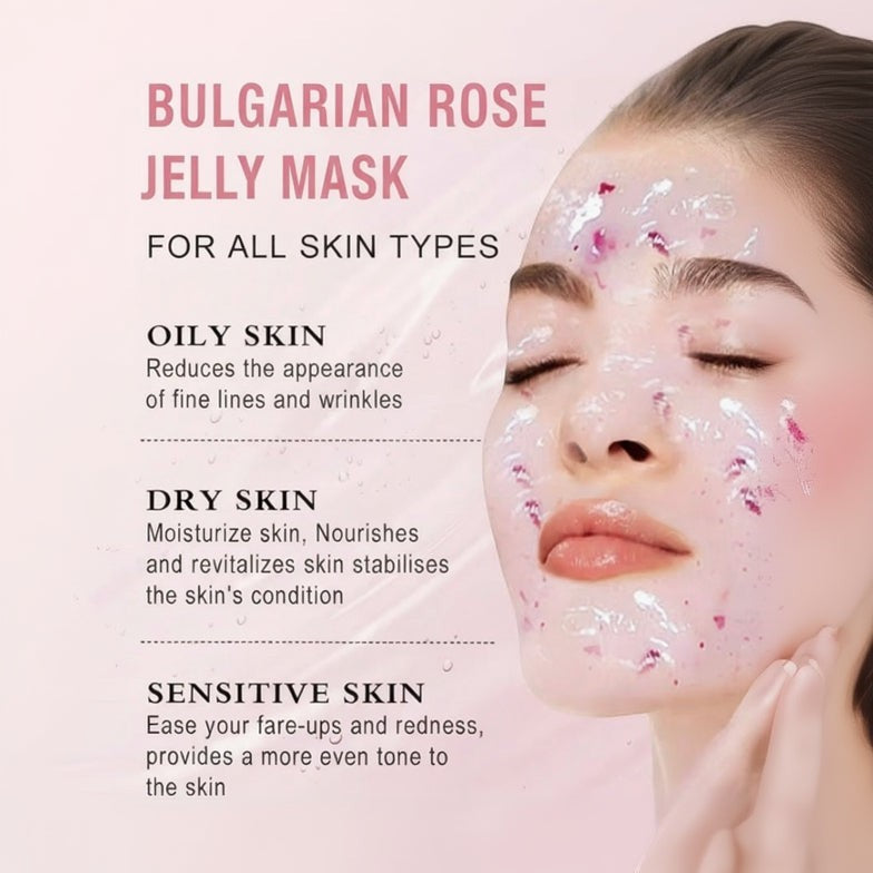 Bella Beauté Bulgarian Rose Jelly Face Mask for all skin types, featuring a woman with the mask applied.
