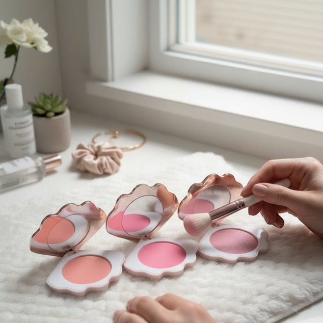 Bella Beauté Cheek Blush compacts in shades Aromatic (peachy nude) and Cheek (vibrant pink), with a brush applying blush.
