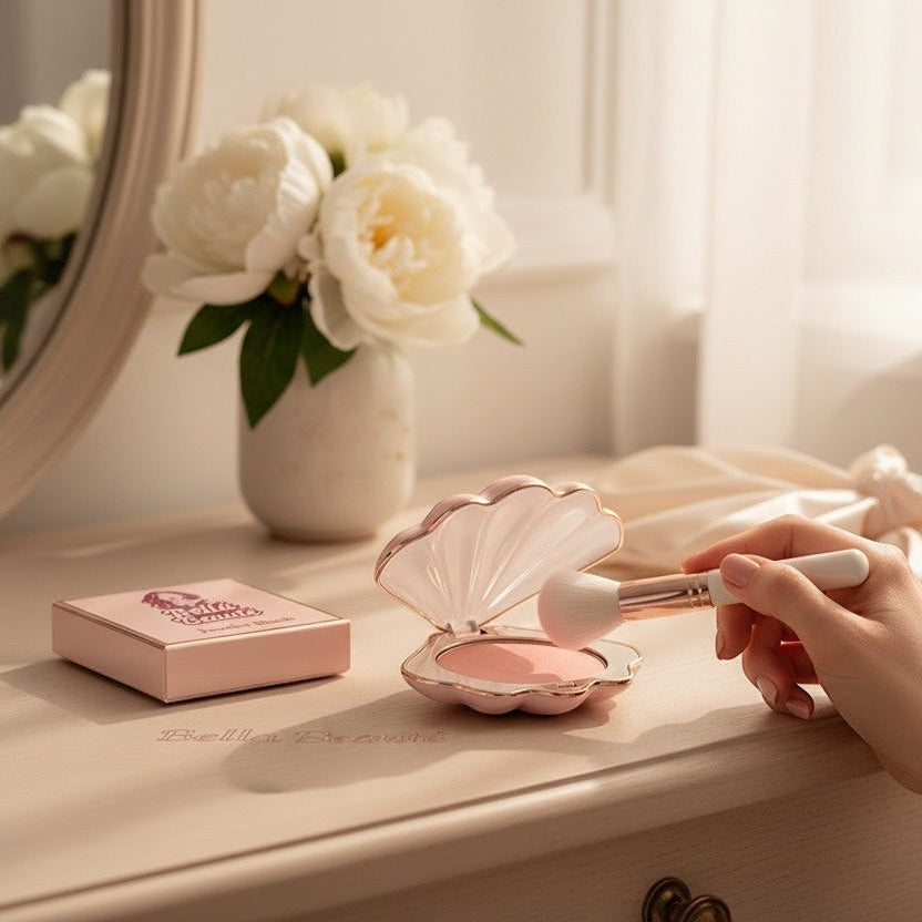 Bella Beauté Cheek Blush in a shell-shaped compact, a soft rosy powder with a delicate glow.