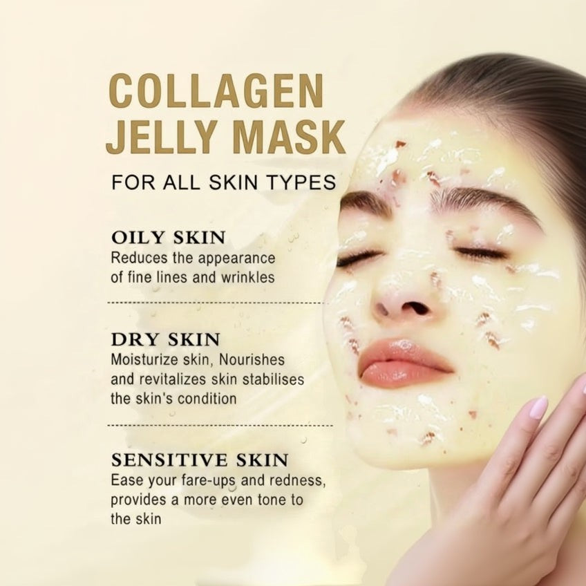 Bella Beauté Collagen Jelly Mask for all skin types, shown on a woman's face with a cooling jelly texture.