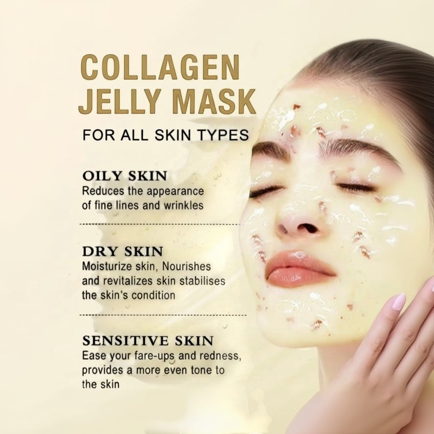 Bella Beauté Collagen Jelly Mask for all skin types, shown on a woman's face with a translucent jelly mask applied.