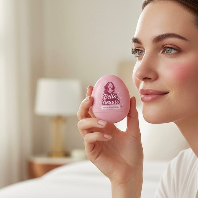 Bella Beauté Creamy Blush in a cute pink egg-shaped compact, applied to cheeks for a natural glow.