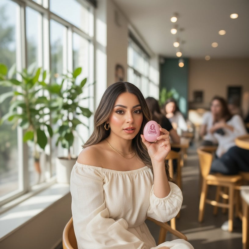Bella Beauté Creamy Blush in Pink shade, held by a woman with long brown hair, wearing a cream off-the-shoulder top.
