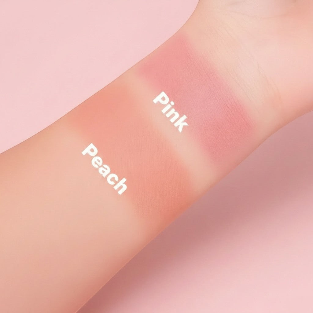 Bella Beauté Creamy Blush swatches in Pink and Peach shades on arm. Creamy, blendable formula.