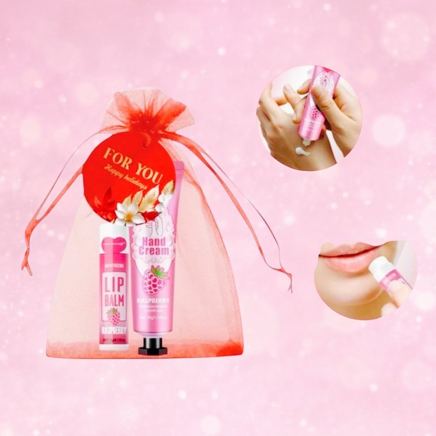 Bella Beauté Raspberry Hand Cream & Lip Balm Duo Set in a sheer red gift bag. Includes close-ups of application.