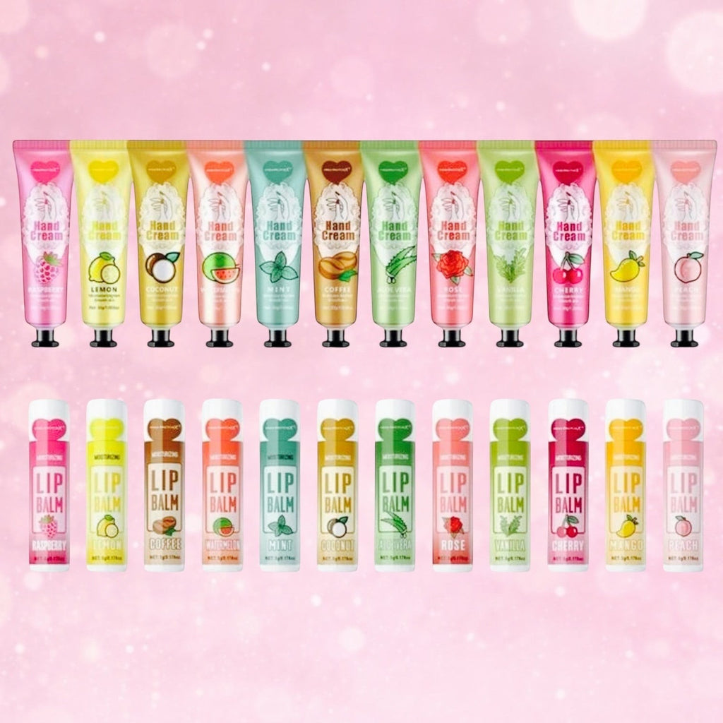 Bella Beauté Hand Cream & Lip Balm Duo Set in various fruit, floral, and sweet scents. Hydrating and nourishing.