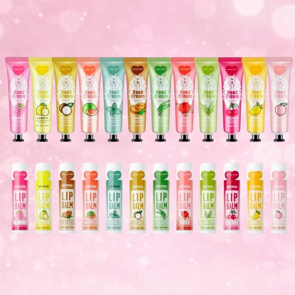 Bella Beauté Hand Cream & Lip Balm Duo Set in various fruit and floral scents. Hydrating and nourishing.