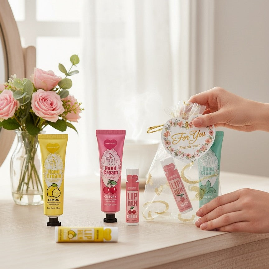 Bella Beauté Hand Cream & Lip Balm Duo Set in cherry and lemon scents, perfect for gifting.