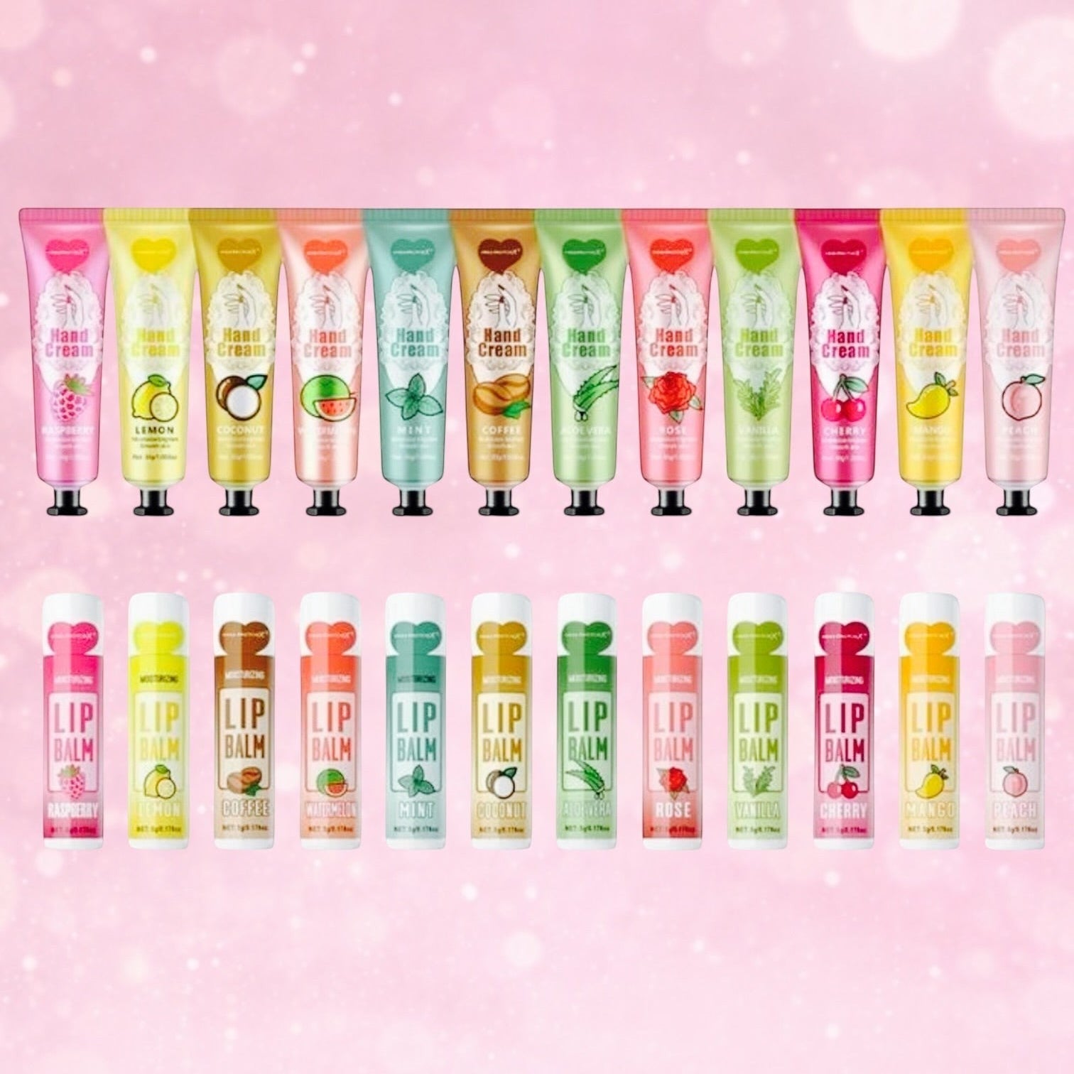 Bella Beauté Hand Cream & Lip Balm Duo Set in various fruit and floral scents. Hydrating and nourishing.