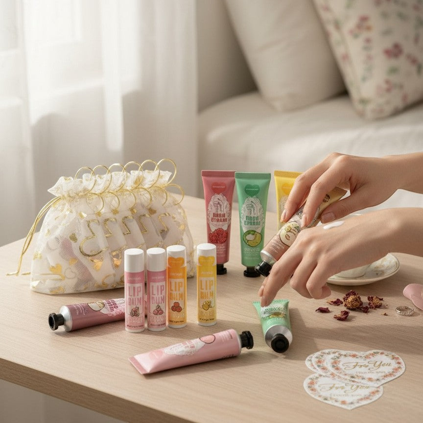 Bella Beauté Hand Cream & Lip Balm Duo Set in various fruit and floral scents, perfect for daily hydration and gifting.
