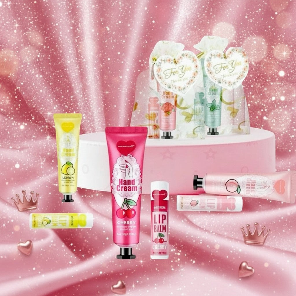 Bella Beauté Hand Cream & Lip Balm Duo Set in various fruit and floral scents, perfect for daily care or gifting.