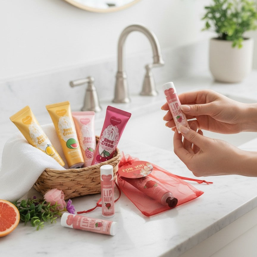 Bella Beauté Hand Cream & Lip Balm Duo Set with raspberry, lemon, watermelon, and cherry scents in a bathroom setting.