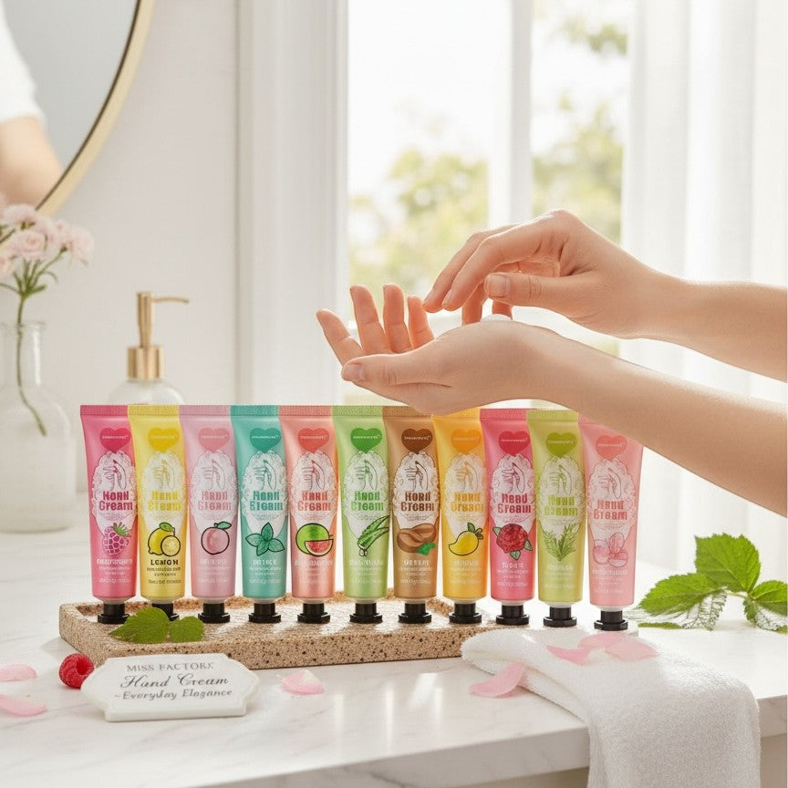 Bella Beauté Miss Factor Hand Cream & Lip Balm Duo Set in various fruity and floral scents. Hydrating and nourishing.