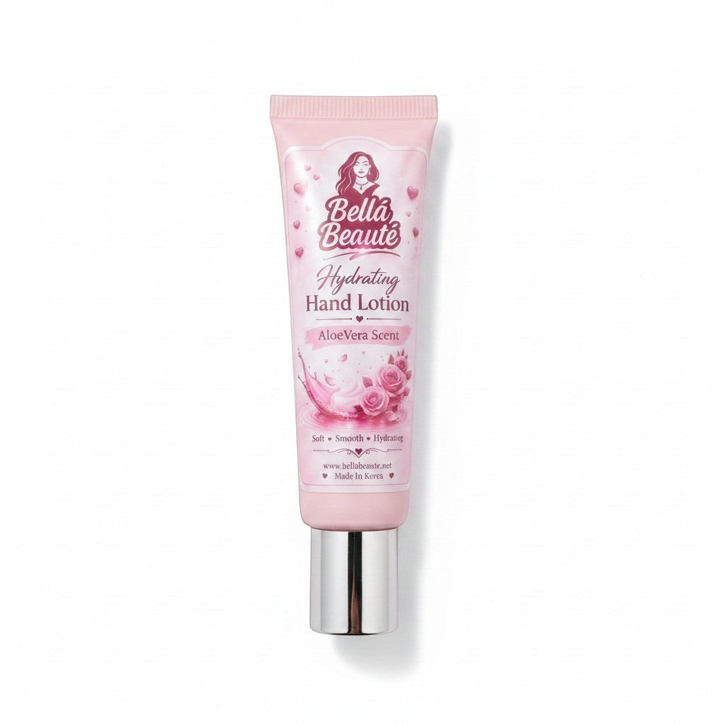 Bella Beauté Hydrating Hand Lotion in Aloe Vera scent, 30 mL tube with silver cap. Soft, smooth, hydrating.