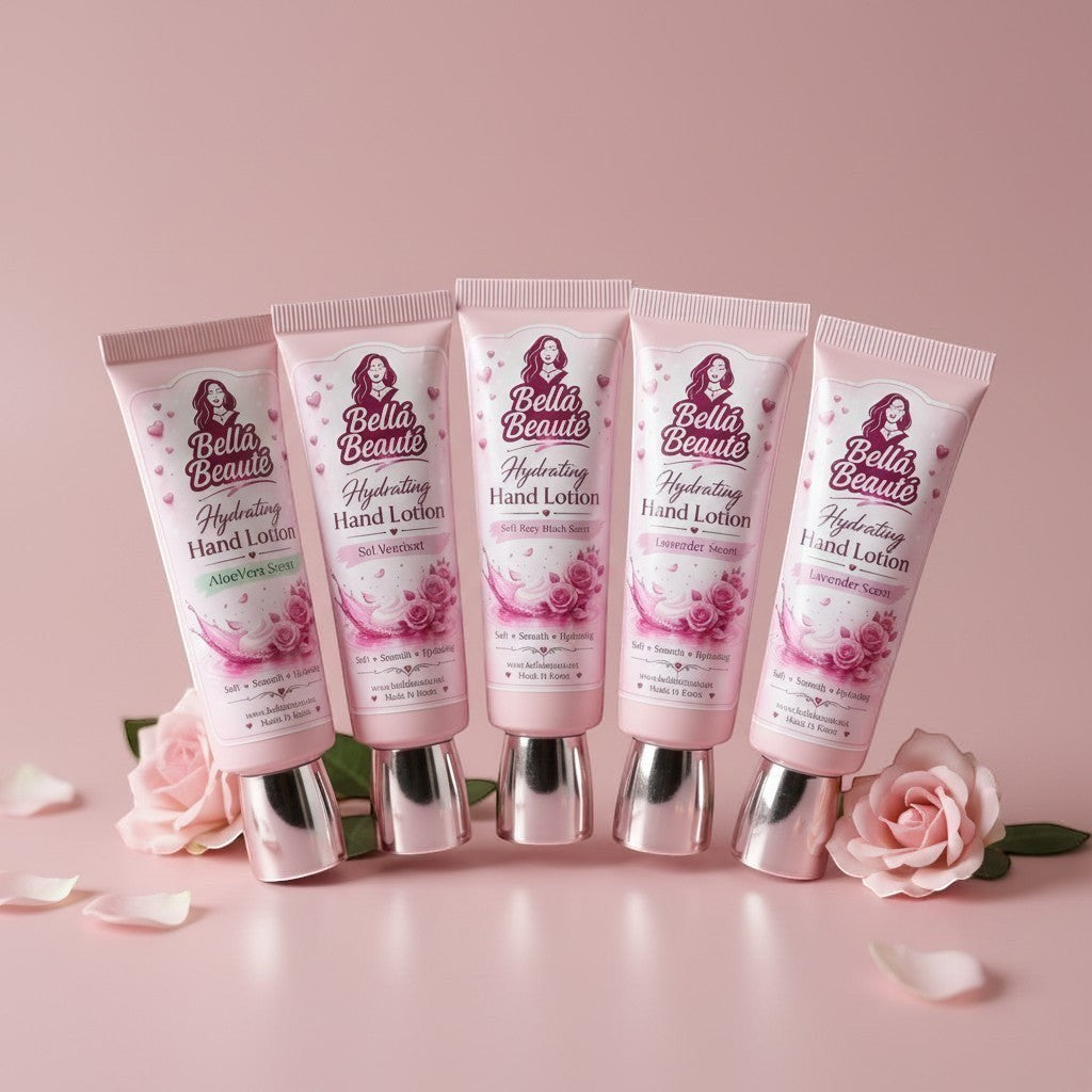 Bella Beauté Hydrating Hand Lotion tubes in Lavender, Aloe Vera, and Rosy scents, 30 mL size.