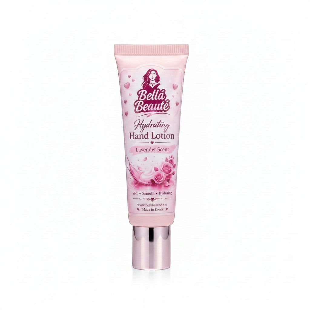 Bella Beauté Hydrating Hand Lotion in Lavender Scent, 30 mL tube with pink and purple floral design.