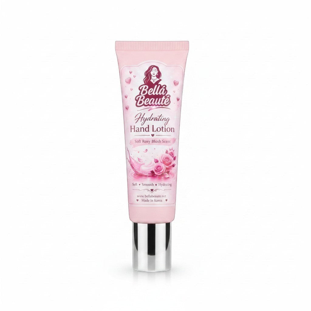 Bella Beauté Hydrating Hand Lotion in Soft Rosy Blush Scent, 30 mL tube with floral design. Made in Korea.