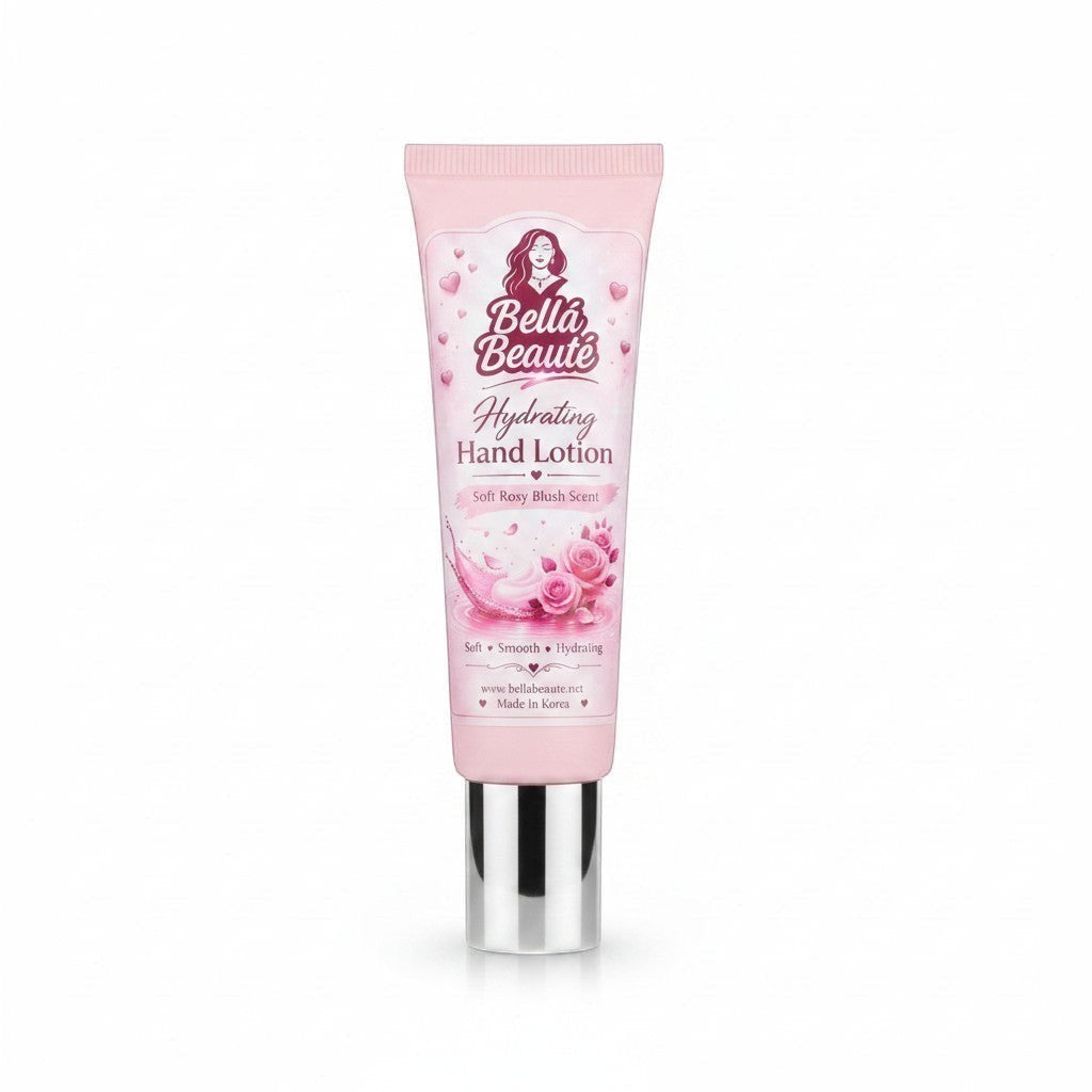 Bella Beauté Hydrating Hand Lotion in Soft Rosy Blush Scent, 30 mL tube with silver cap. Made in Korea.