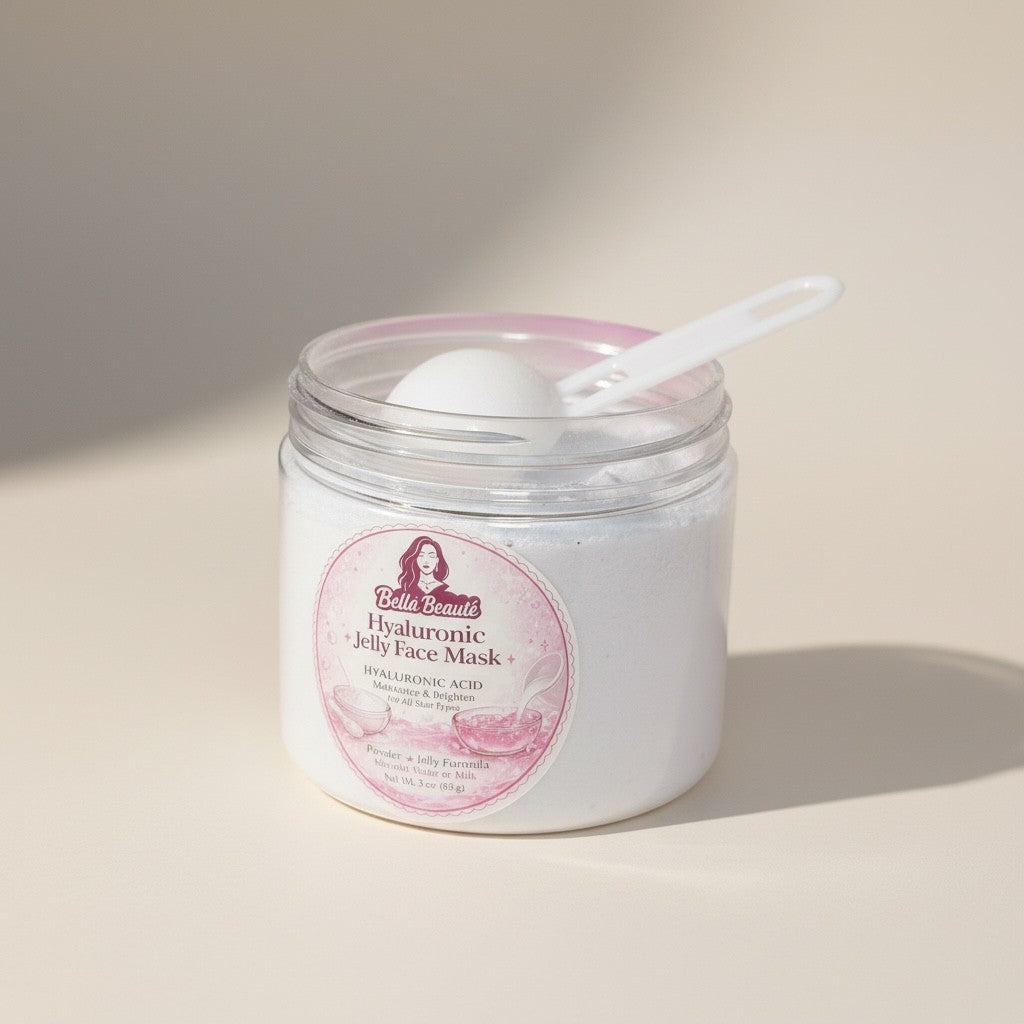 Bella Beauté Hyaluronic Acid powder-to-jelly face mask jar with scoop. For all skin types.
