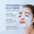 Bella Beauté Hyaluronic Acid Jelly Mask for all skin types, with a light blue jelly texture and purple flower petals.