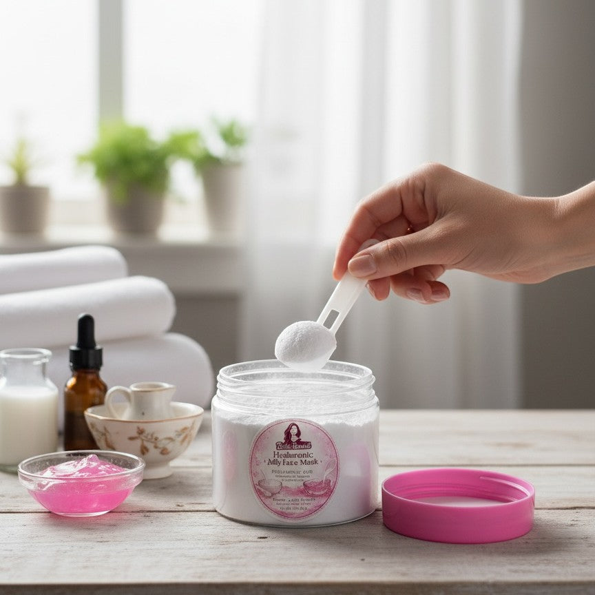 Bella Beauté Hyaluronic Acid powder-to-jelly face mask in a jar with a scoop, next to pink jelly mask.