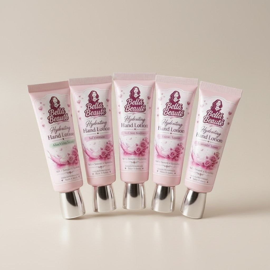 Bella Beauté Hydrating Hand Lotion tubes in Lavender, Aloe Vera, and Rosy scents. Pink tubes with silver caps.
