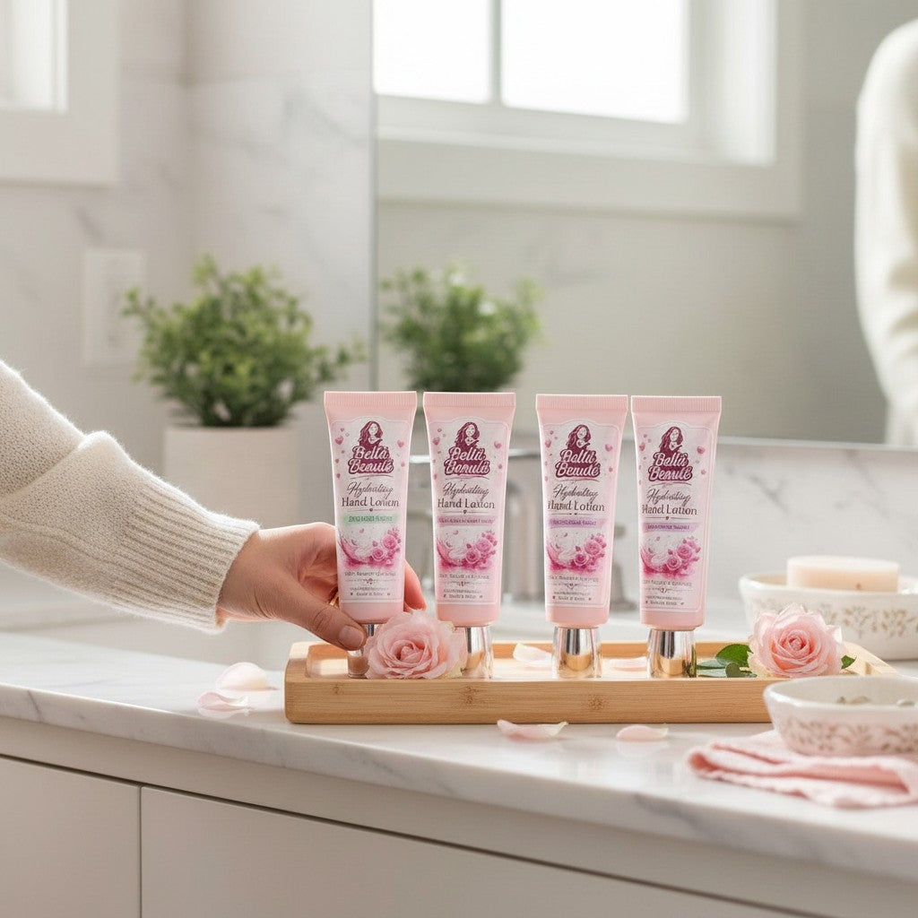 Bella Beauté Hydrating Hand Lotion tubes with rose and aloe vera designs, 30ml, displayed on a wooden tray.
