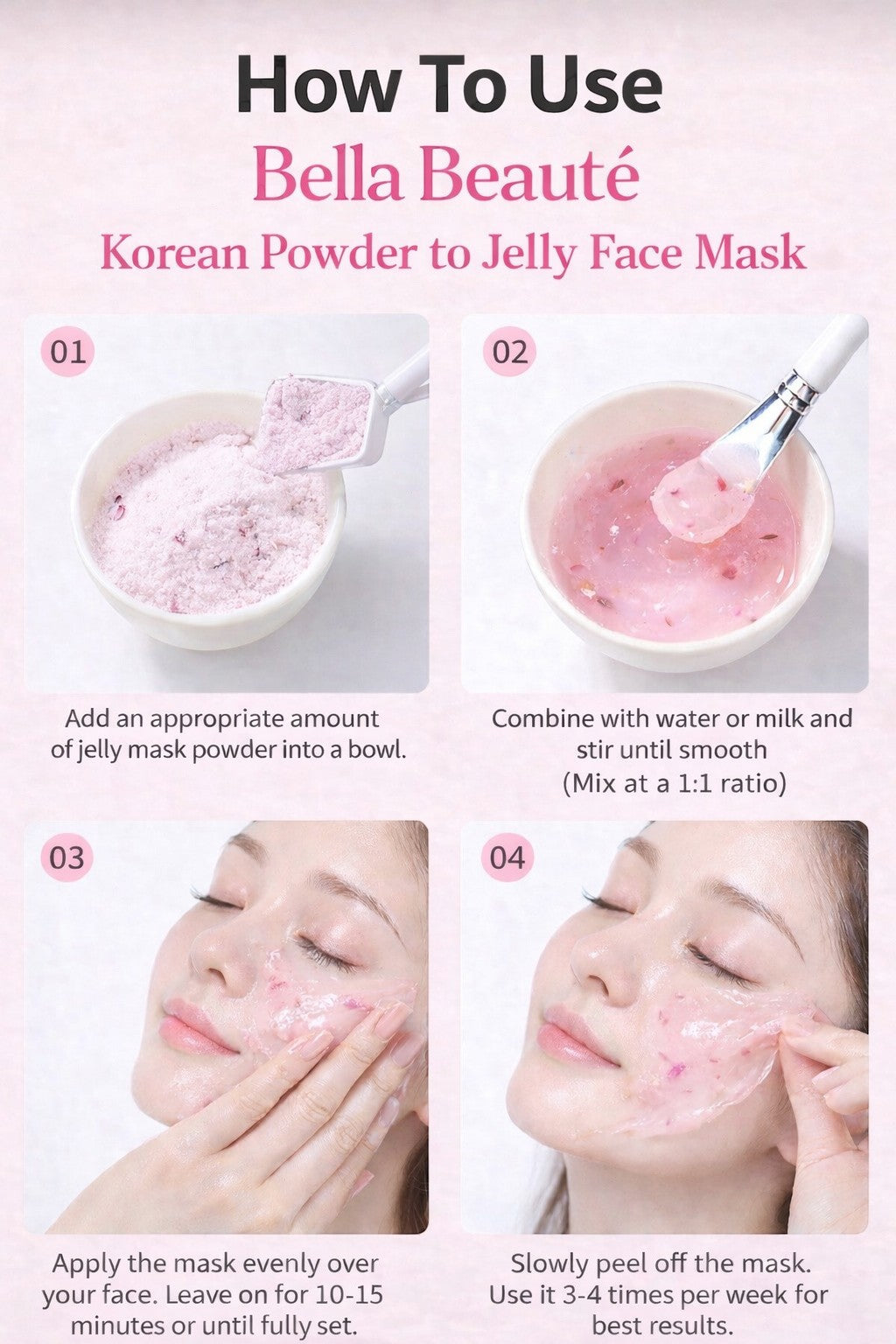 Bella Beauté Korean Powder to Jelly Face Mask in Bulgarian Rose variant, pink jelly texture with rose petals.