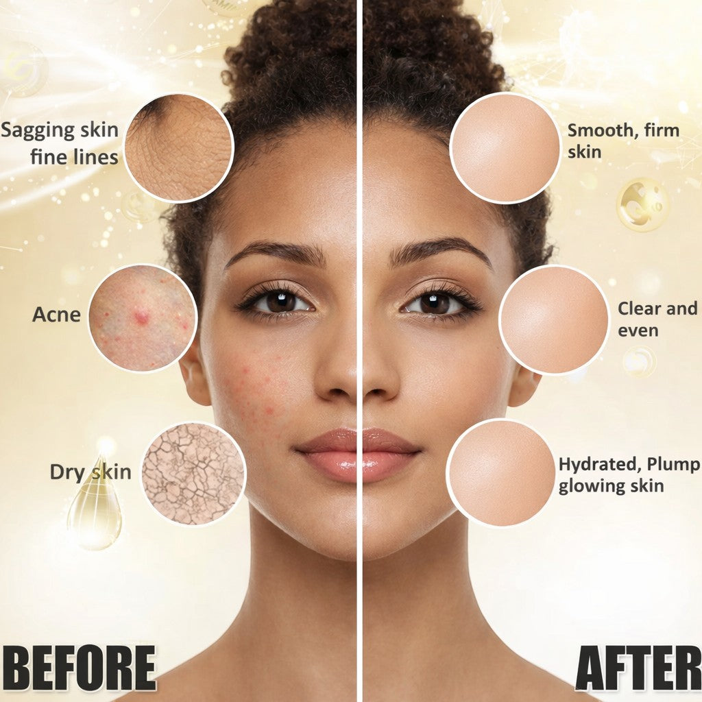 Bella Beauté Korean Powder to Jelly Face Mask for smooth, firm, clear, and glowing skin. Before & After comparison.