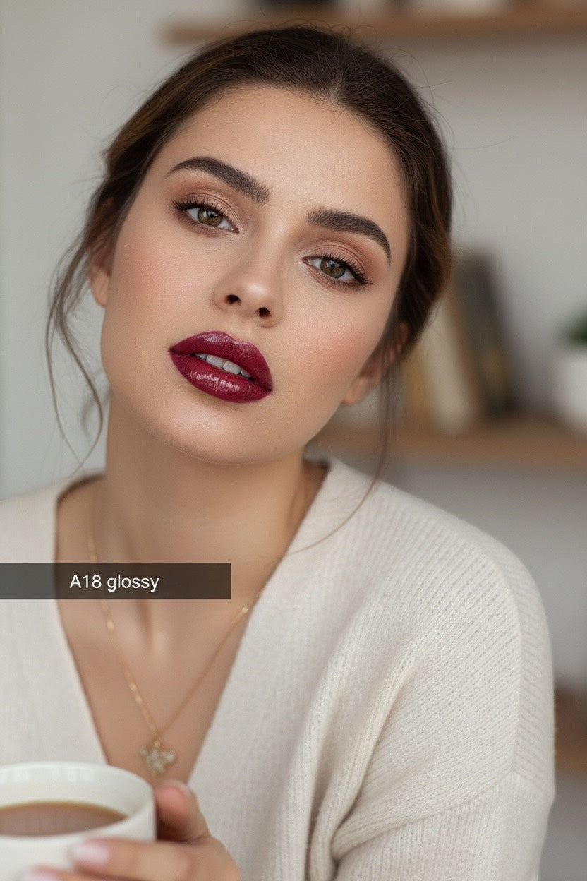 Bella Beauté 2-in-1 Lip Liner & Gloss in A18 glossy, a deep berry shade with a high-shine finish. Model wears it with a cream sweater.