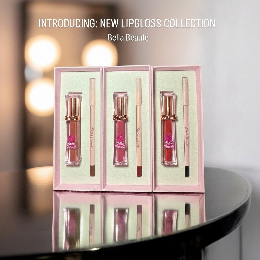 Bella Beauté 2-in-1 Lip Liner & Matte Gloss collection featuring three shades in pink packaging. Smooth, long-lasting formula.