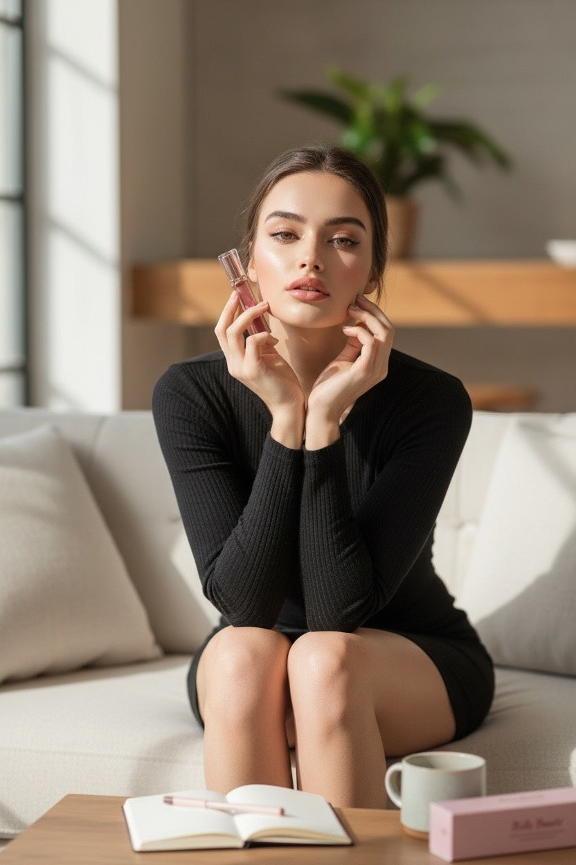Bella Beauté 2-in-1 Lip Liner & Gloss in a sheer pink shade, held by a woman with full lips.