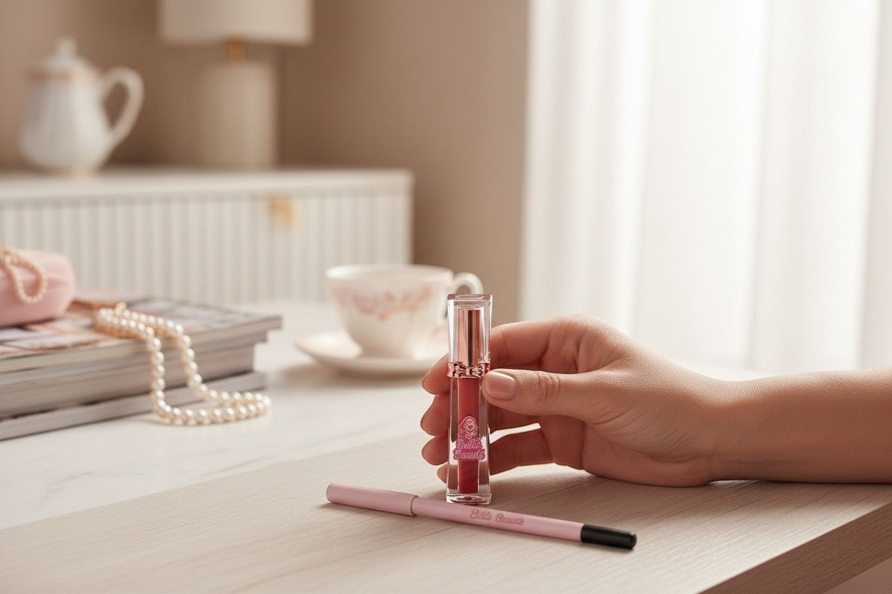 Bella Beauté 2-in-1 Lip Liner & Gloss in a rosy-red shade, held by a hand. Includes a matching lip liner.