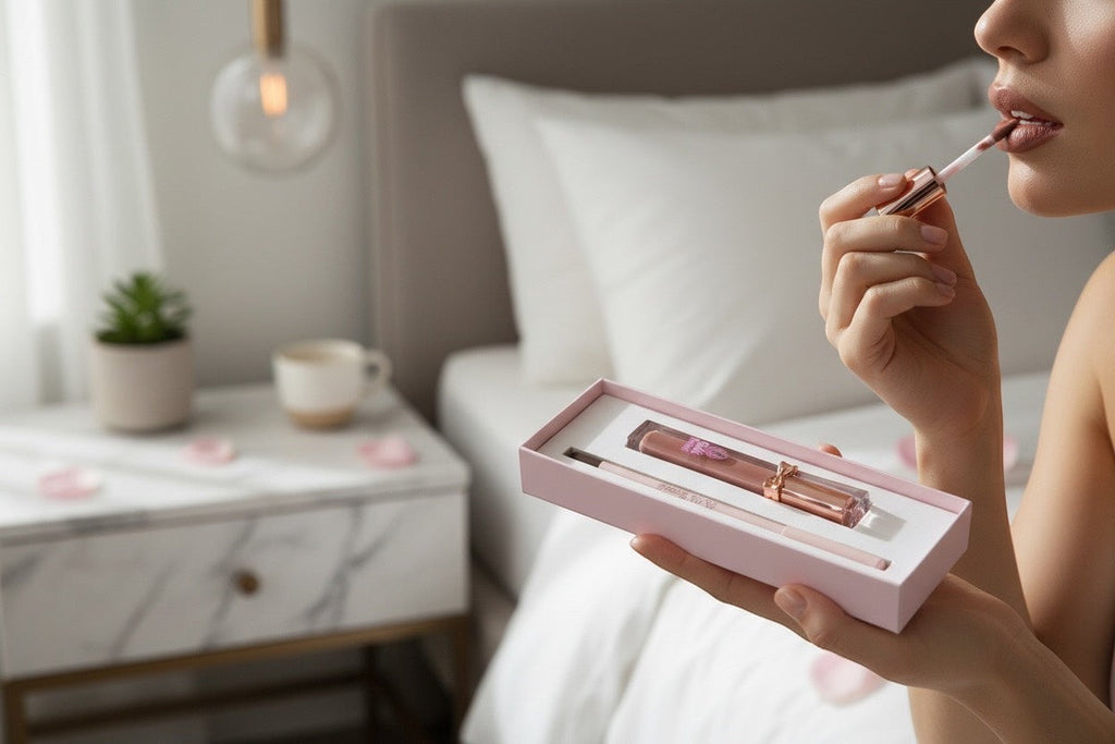Bella Beauté 2-in-1 Lip Liner & Gloss in rose gold packaging, with a woman applying the gloss.