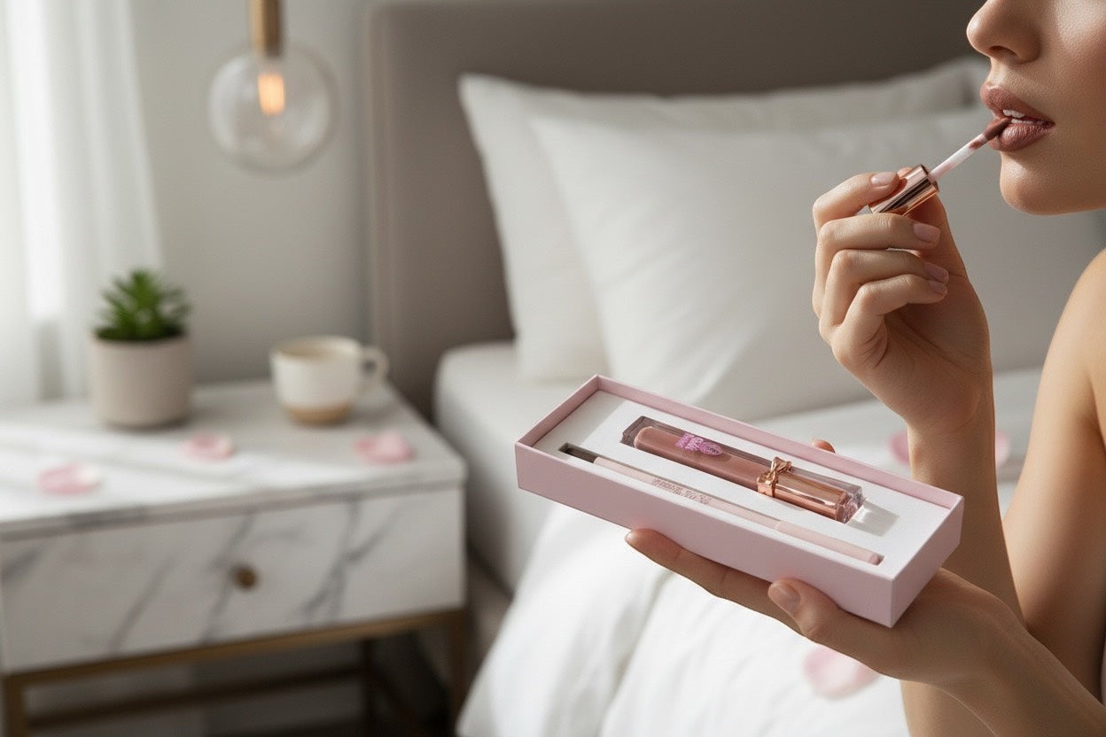 Bella Beauté 2-in-1 Lip Liner & Gloss in rose gold packaging, with a woman applying the gloss.