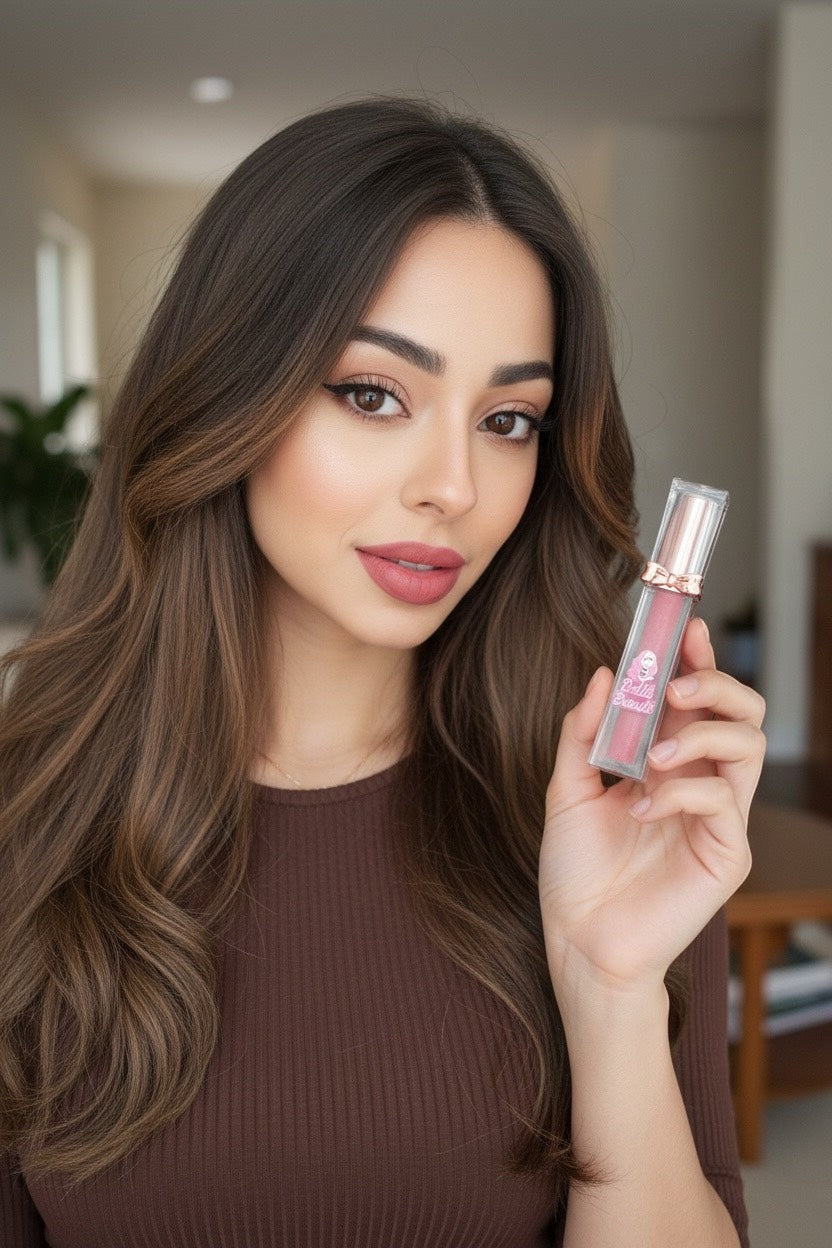 Bella Beauté 2-in-1 Lip Liner & Matte Gloss in a rosy pink shade, held by a woman with brown hair.