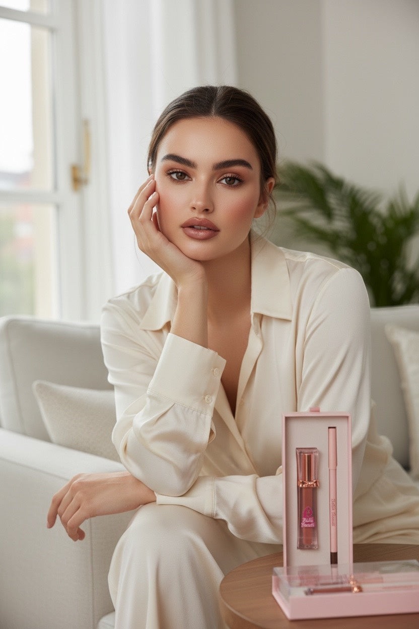 Bella Beauté 2-in-1 Lip Liner & Matte Gloss in a rose gold tube and matching pencil, shown with a model.