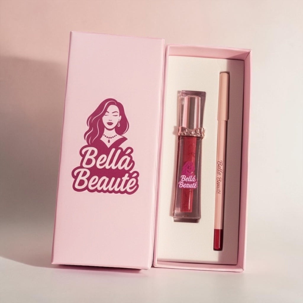 Bella Beauté 2-in-1 Lip Liner & Matte Gloss set in a pink box. Includes red lip gloss and a nude lip liner.