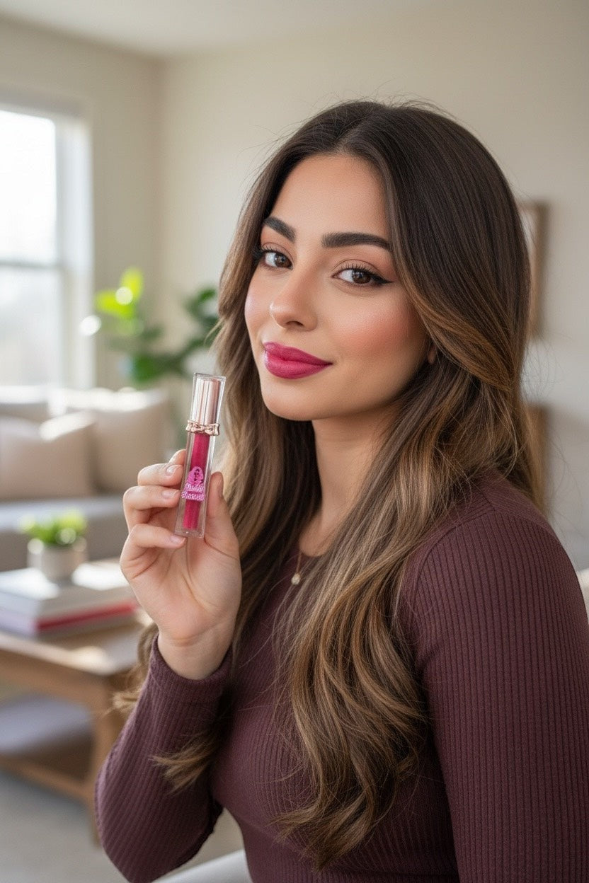 Bella Beauté 2-in-1 Lip Liner & Matte Gloss in vibrant berry shade, held by a woman with dark hair and matching lipstick.