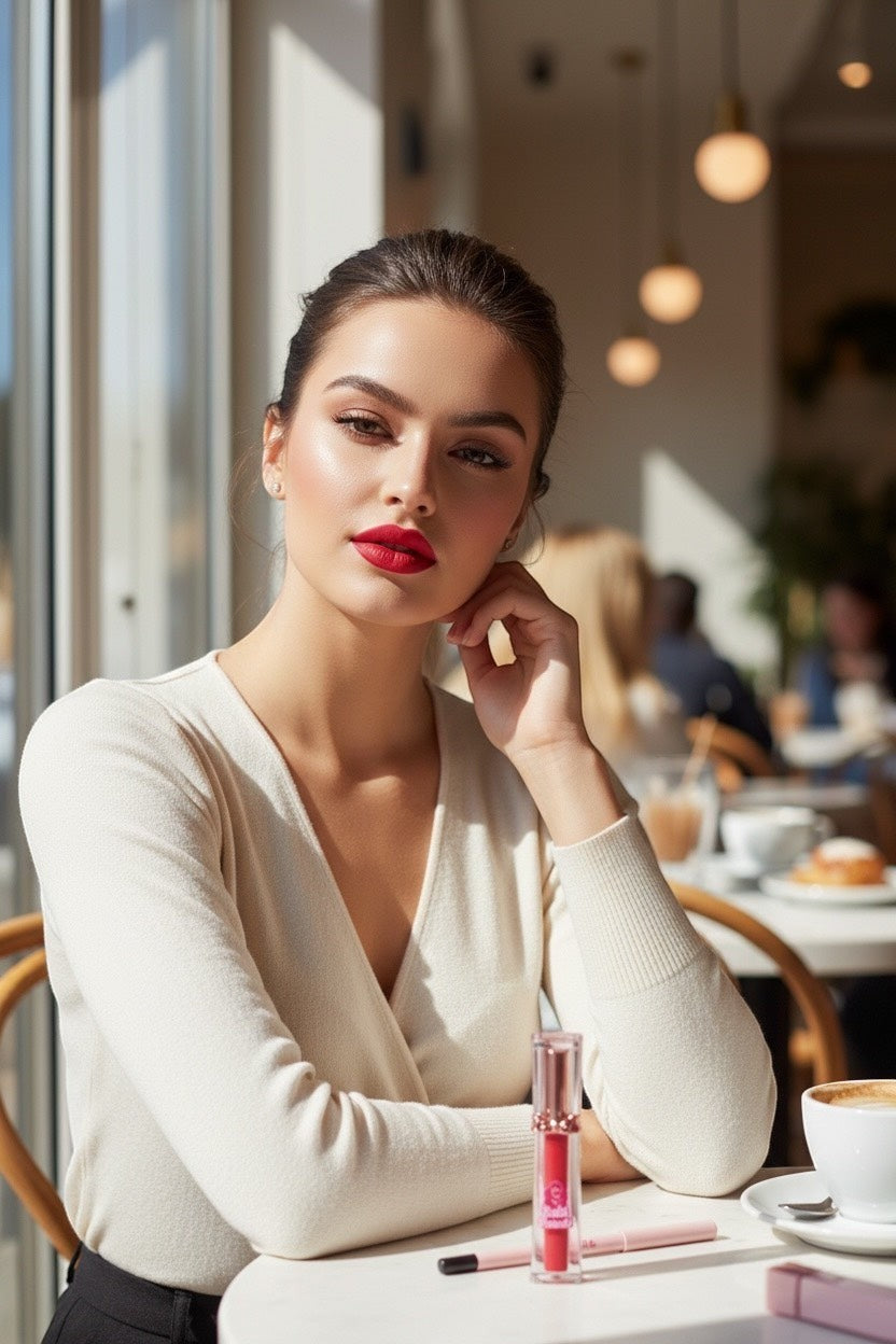 Bella Beauté 2-in-1 Lip Liner & Matte Gloss in vibrant red, worn by a model with a matte finish.