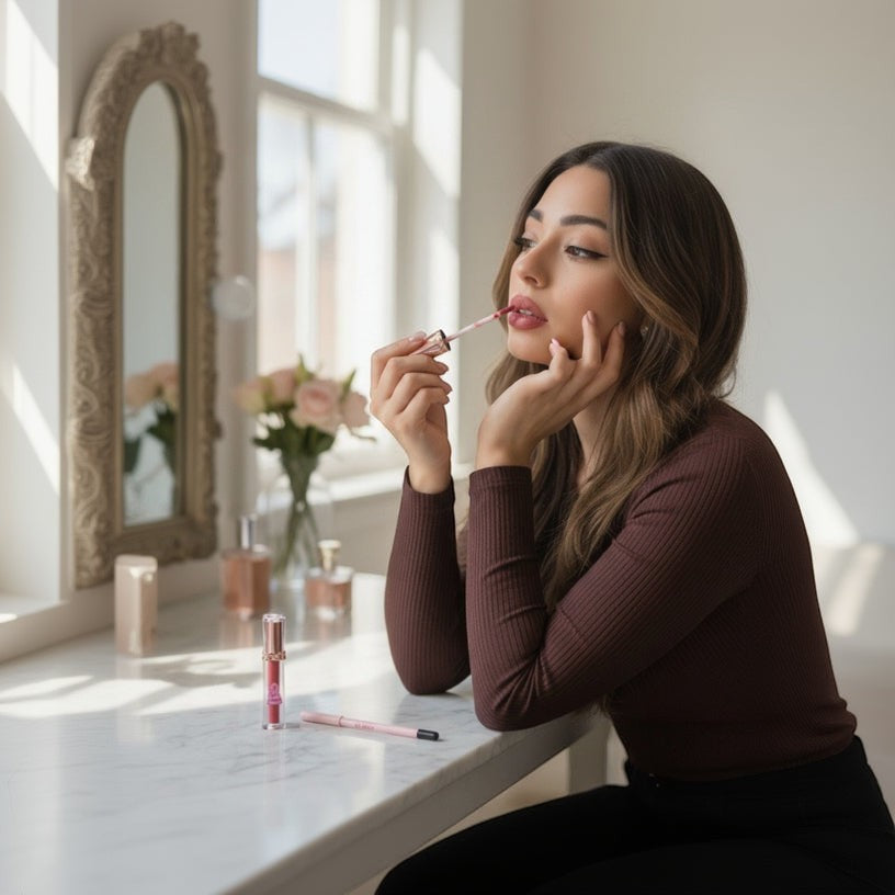 Bella Beauté 2-in-1 Lip Liner & Matte Gloss in a rosy nude shade, applied by a woman with long brown hair.