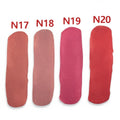 Bella Beauté 2-in-1 Lip Liner & Matte Gloss swatches: N17 (peach nude), N18 (dusty rose), N19 (vibrant pink), N20 (coral red). Matte finish.