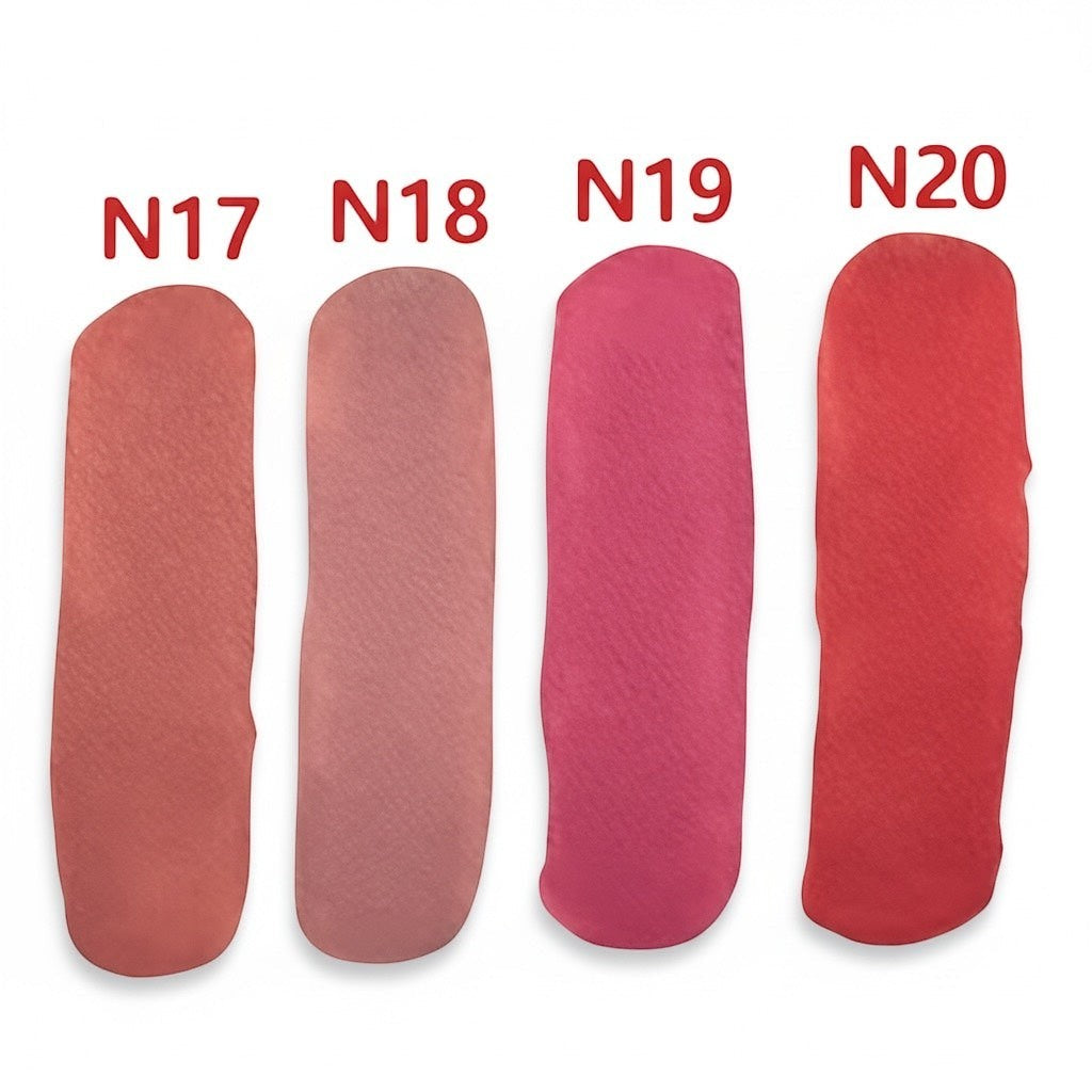 Bella Beauté 2-in-1 Lip Liner & Matte Gloss swatches: N17 (peach nude), N18 (dusty rose), N19 (vibrant pink), N20 (coral red). Matte finish.