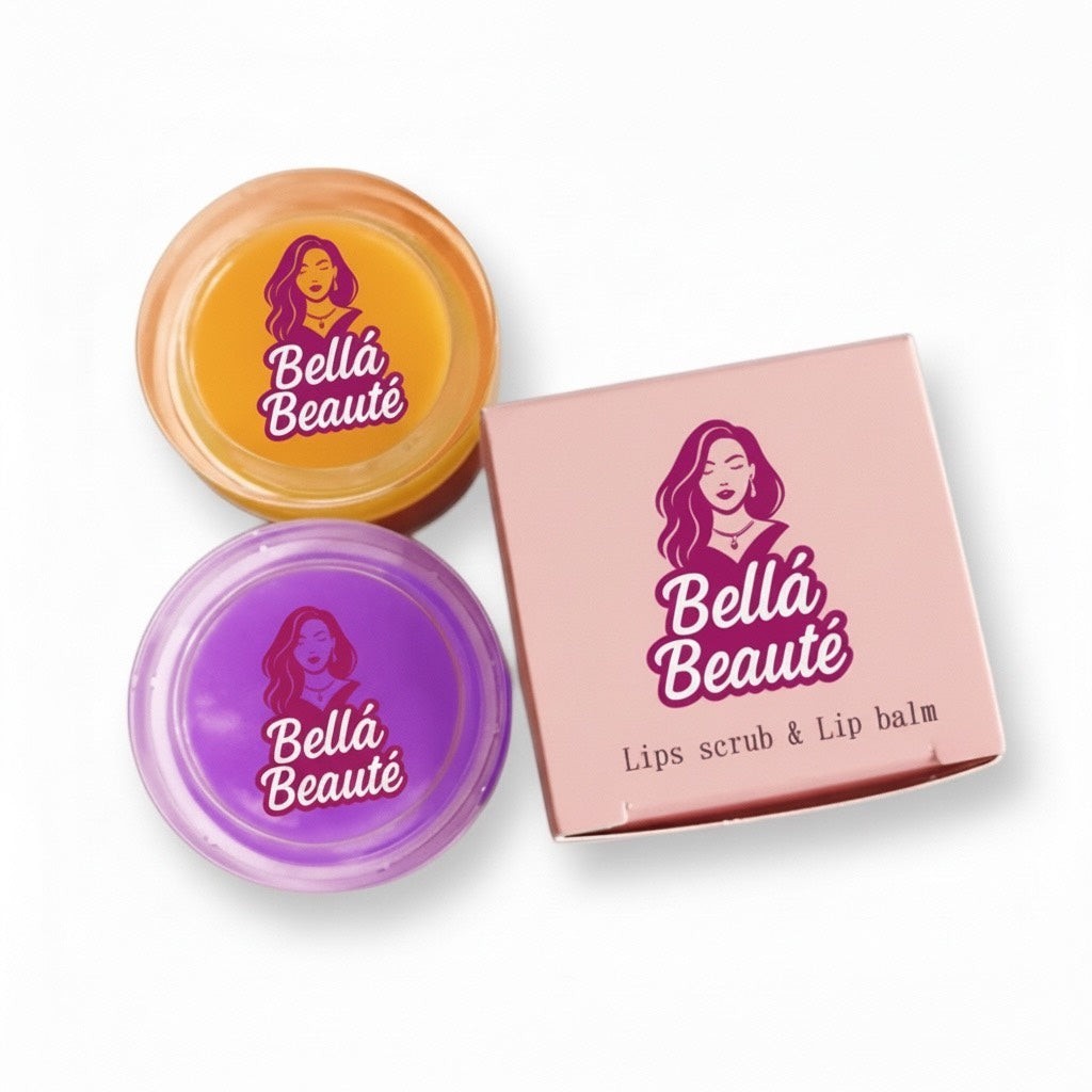 Bella Beauté lip scrub and lip balm set in orange and purple. Includes a pink box.