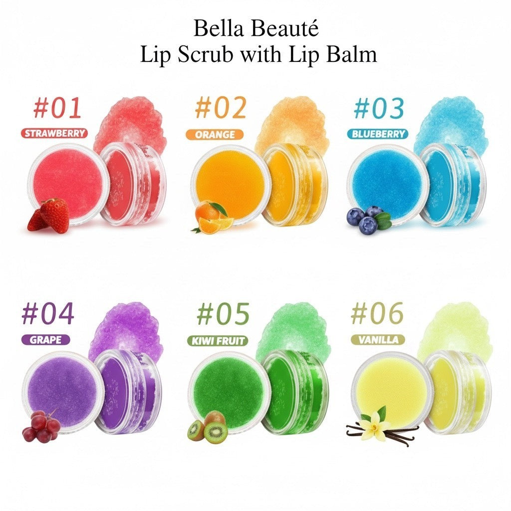 Bella Beauté lip scrub and balm set in Strawberry, Orange, Blueberry, Grape, Kiwi Fruit, and Vanilla flavors.