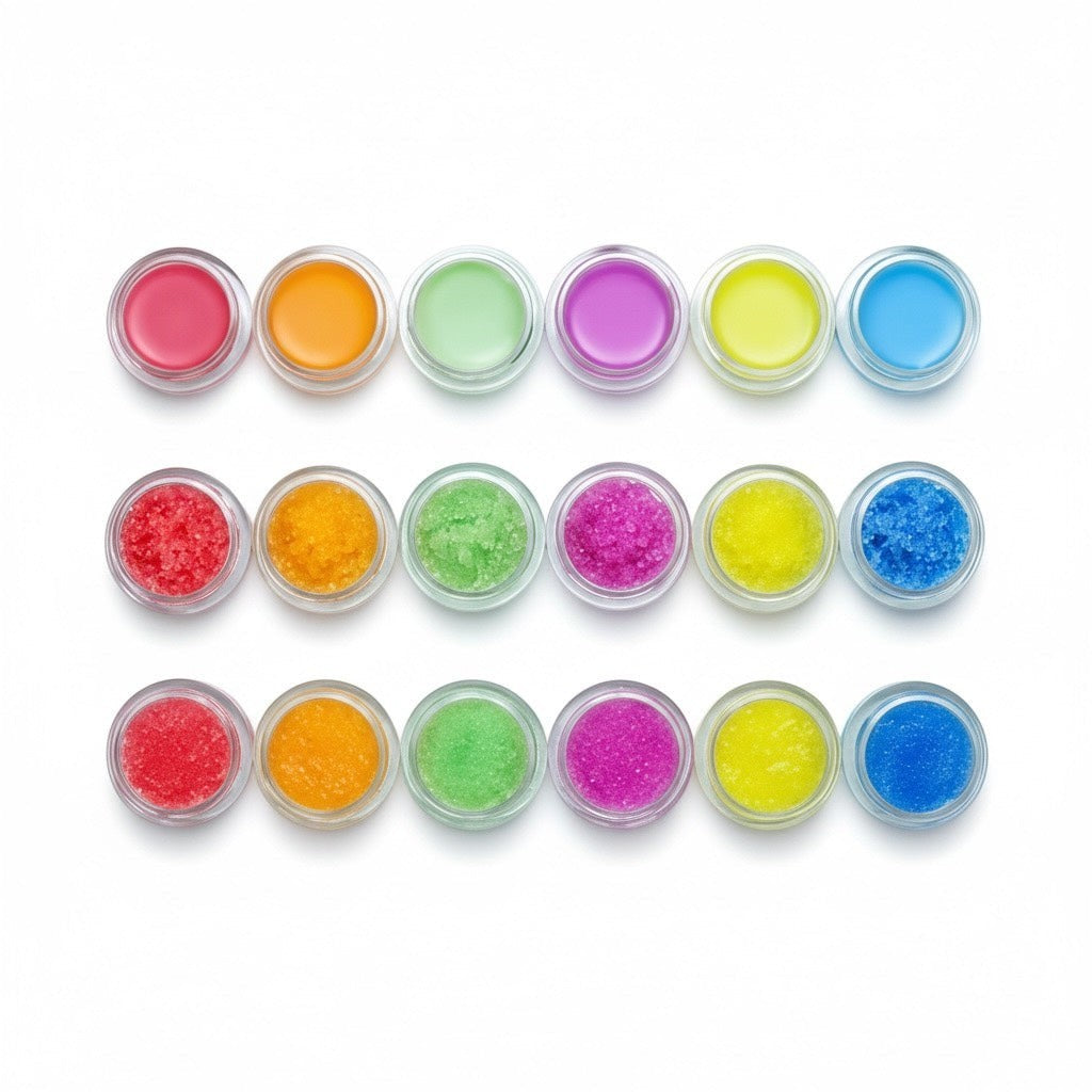 Bella Beauté lip scrub and balm set in various fruit flavors and colors, including strawberry, orange, kiwi, blueberry, grape, and vanilla.